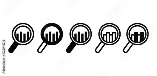 set of magnifying glass data analysis icon symbol sign vector design black white color illustration isolated