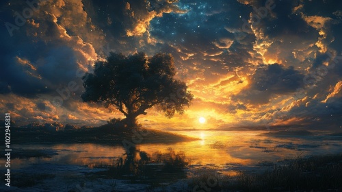 sunset over the lake