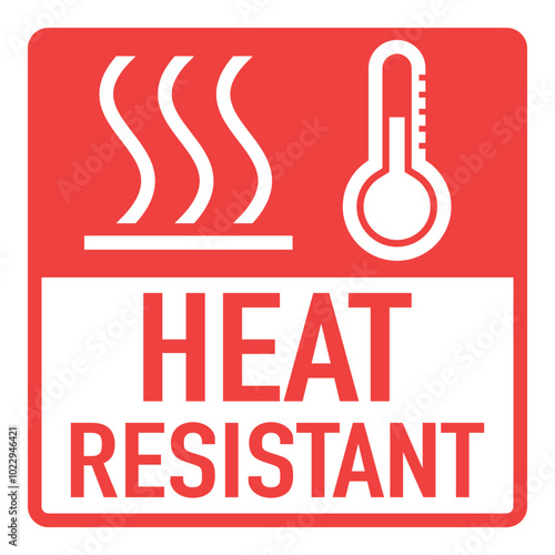A sign or icon indicating resistance to high temperature. Red and white colors. With heat resistant text.
