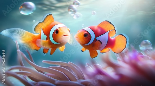 Colorful Clownfish Swimming in Clear Ocean Water