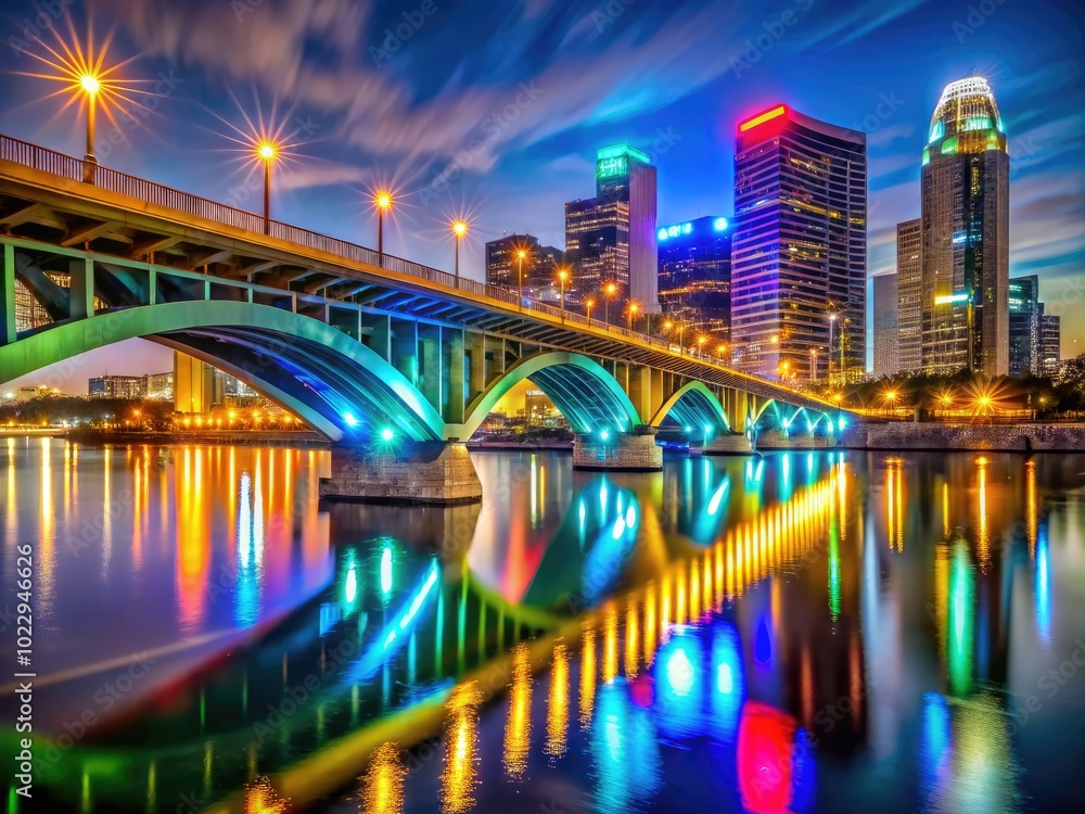 Fototapeta premium Nighttime view of the illuminated 6th Street Bridge showcasing urban architecture and city lights