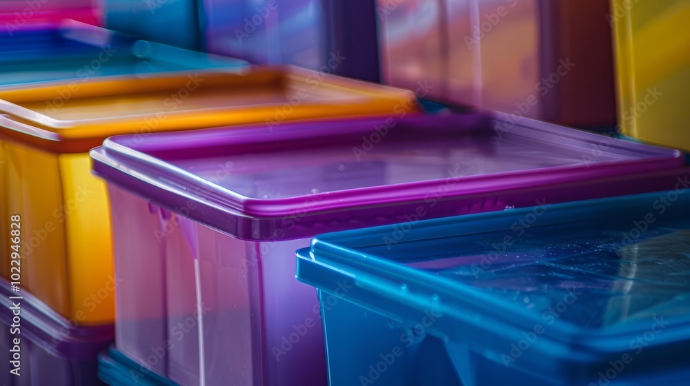 A row of colorful plastic containers, including a purple one A row of colorful plastic containers, including a purple one