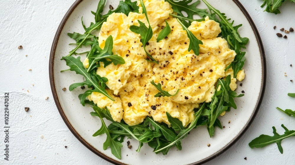 A plate of scrambled eggs with arugula and black pepper on a white background. A plate of scrambled eggs with arugula and black pepper on a white background.