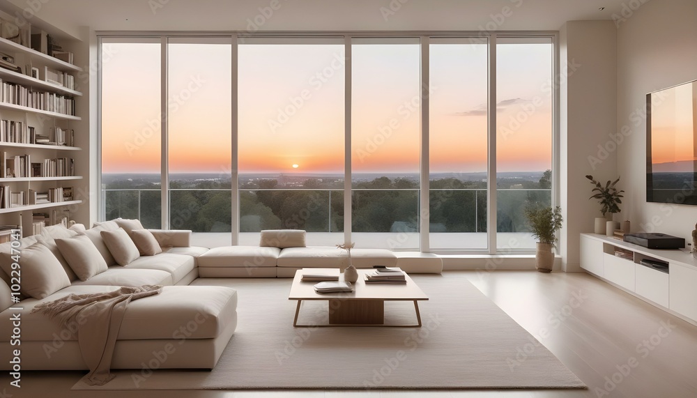 Fototapeta premium White living room space with windows providing a scenic view