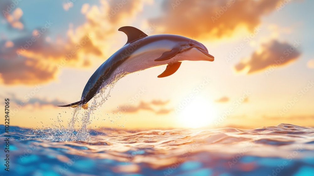 Dolphin Jumping Above Ocean Waves at Sunset Dolphin Jumping Above Ocean Waves at Sunset