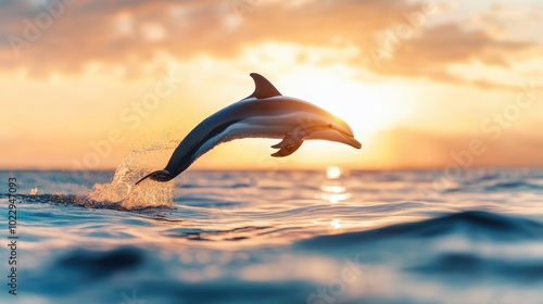 Dolphin Leaps Over Ocean Waves at Sunset