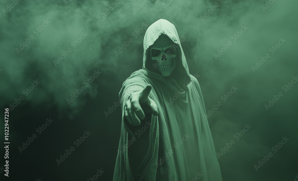 A green grim reaper in a hooded cloak extends a finger toward the viewer, its skeletal face emerging from a misty dark background. A green grim reaper in a hooded cloak extends a finger toward the viewer, its skeletal face emerging from a misty dark background.