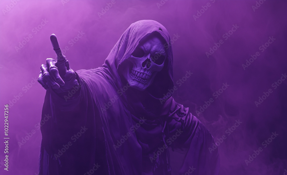 A violet grim reaper in a hooded cloak extends a finger toward the viewer, its skeletal face emerging from a misty violet background. A violet grim reaper in a hooded cloak extends a finger toward the viewer, its skeletal face emerging from a misty violet background.