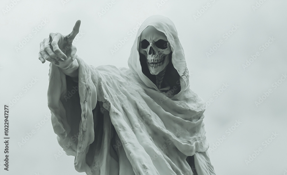 A white grim reaper in a hooded cloak extends a finger toward the viewer, its skeletal face emerging from a misty white background. A white grim reaper in a hooded cloak extends a finger toward the viewer, its skeletal face emerging from a misty white background.