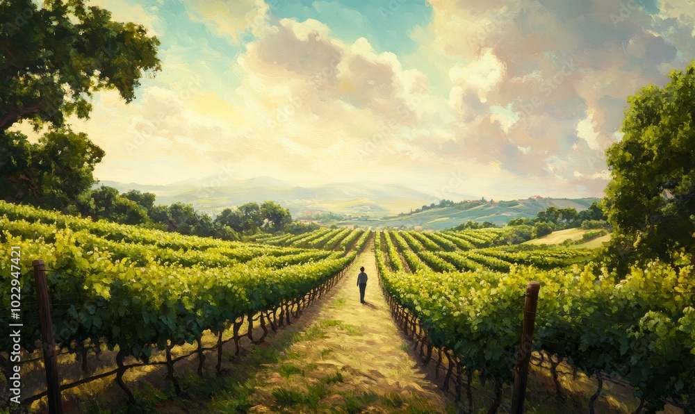 A lone man walking through a vineyard. A lone man walking through a vineyard.