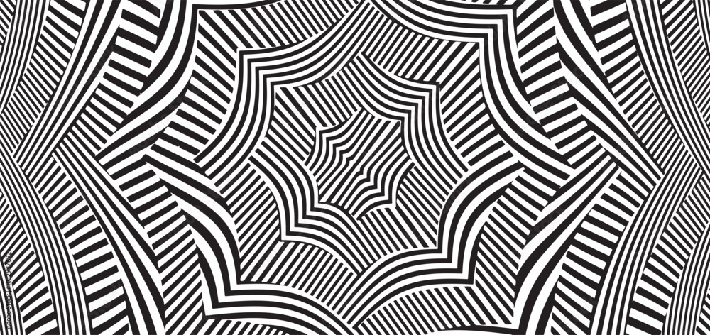 Line art optical art. Psychedelic background. Monochrome background. Optical illusion style. Black dark background. Modern pattern. Abstract graphic texture. Graphic ornament Line art optical art. Psychedelic background. Monochrome background. Optical illusion style. Black dark background. Modern pattern. Abstract graphic texture. Graphic ornament