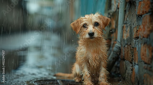 Fototapeta Naklejka Na Ścianę i Meble -  A drenched puppy looks forlorn while seated against a brick wall in a rain-soaked alley, capturing the essence of loneliness and weather's impact
