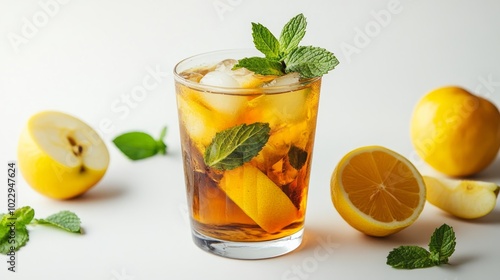 A refreshing iced tea drink with lemon and mint garnish.