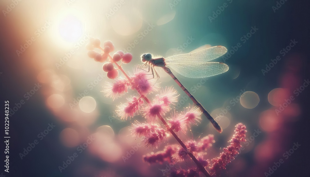 dragonfly rests on a pink flower, bathed in soft,