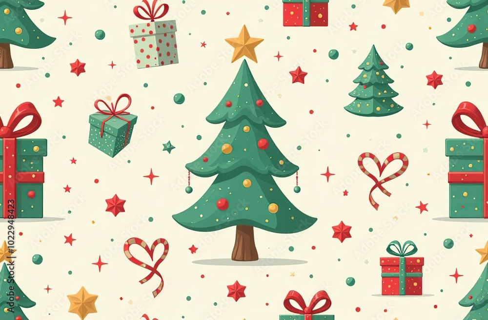A Christmas themed pattern with a tree, stars, and a gift box A Christmas themed pattern with a tree, stars, and a gift box