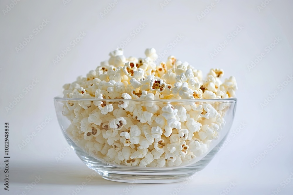 A glass bowl filled with popcorn sitting on a white background A glass bowl filled with popcorn sitting on a white background