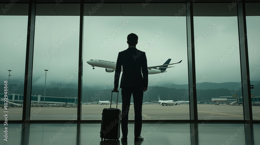 Business Traveler at Airport with Plane in Background Business Traveler at Airport with Plane in Background