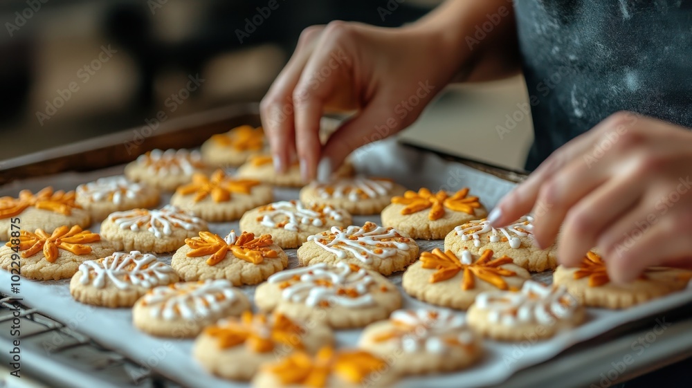 Woman decorating freshly baked cookies with orange and white icing. Concept of baking, pastry, dessert, and homemade treats Woman decorating freshly baked cookies with orange and white icing. Concept of baking, pastry, dessert, and homemade treats