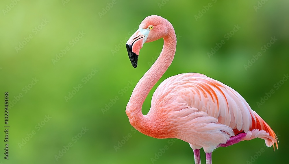 Pink flamingo on a green background. Phoenicopterus ruber. Pink flamingo on a green background. Phoenicopterus ruber.