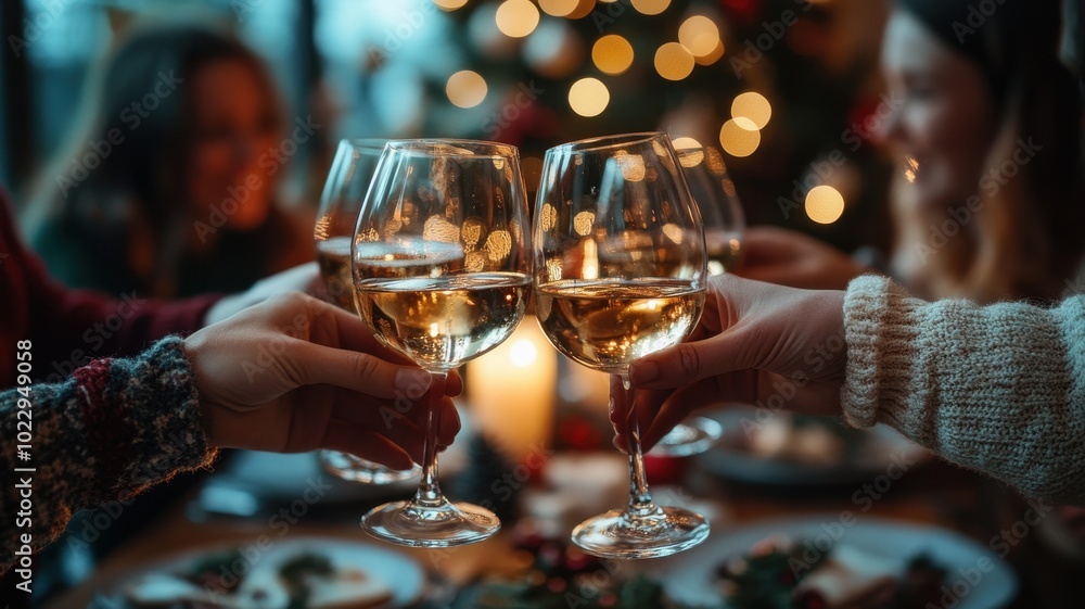 © Meow Creations - Celebrating Christmas, Friends toasting with glasses of white wine during festive holiday dinner with blurred Christmas tree lights in background. Concepts of togetherness and Christmas cheer © Meow Creations - Celebrating Christmas, Friends toasting with glasses of white wine during festive holiday dinner with blurred Christmas tree lights in background. Concepts of togetherness and Christmas cheer