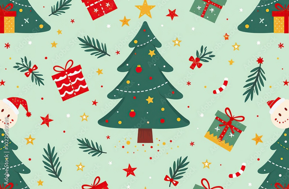 A Christmas themed pattern with a tree, stars, and a gift box A Christmas themed pattern with a tree, stars, and a gift box
