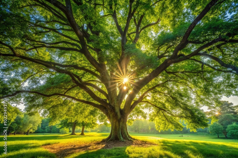 Fototapeta premium Peaceful scene under a large tree with dappled sunlight filtering through vibrant green leaves