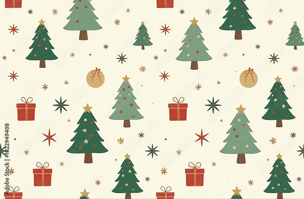 A Christmas themed pattern with a tree, stars, and a gift box A Christmas themed pattern with a tree, stars, and a gift box