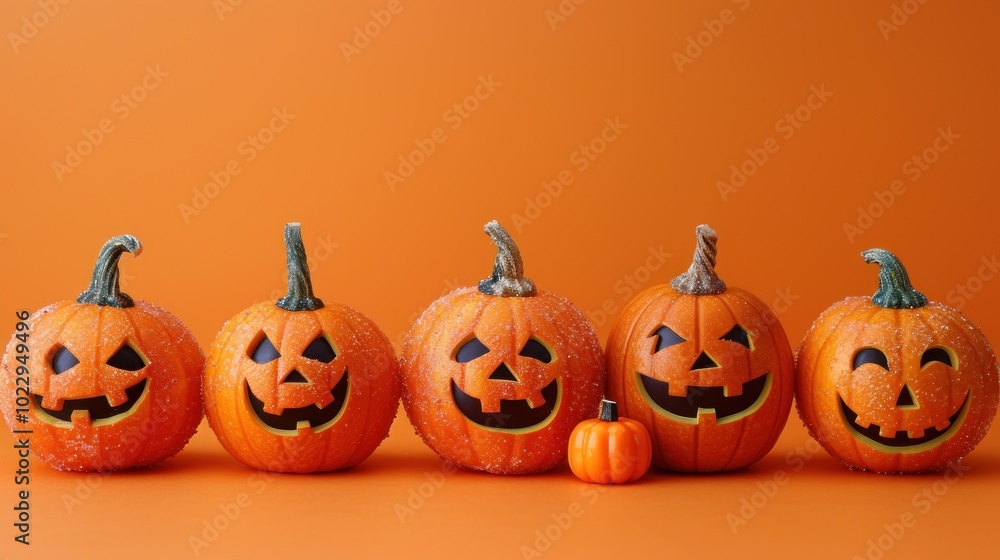 Cheerful Halloween pumpkins with smiling faces lined up against a bright orange background in celebration of autumn festivities. Generative AI Cheerful Halloween pumpkins with smiling faces lined up against a bright orange background in celebration of autumn festivities. Generative AI