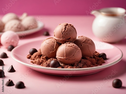 Chocolat ice cream balls in nice plate on pink background. Pink backdrop featuring chocolate ice cream