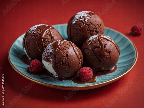 Chocolat ice cream balls in nice plate on red background. Luxurious chocolate ice cream on red