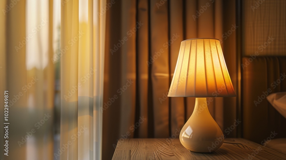 A lamp is lit up in a bedroom with a window A lamp is lit up in a bedroom with a window
