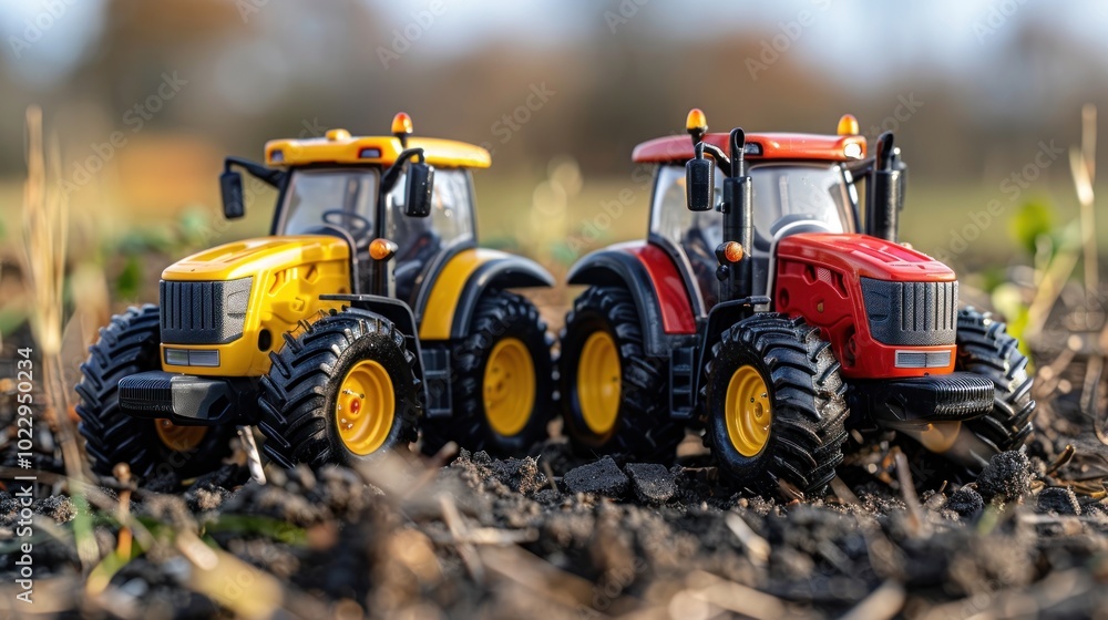 Vibrant toy tractors in a sunlit farm field, showcasing bright colors and playful designs for imaginative play. Generative AI Vibrant toy tractors in a sunlit farm field, showcasing bright colors and playful designs for imaginative play. Generative AI