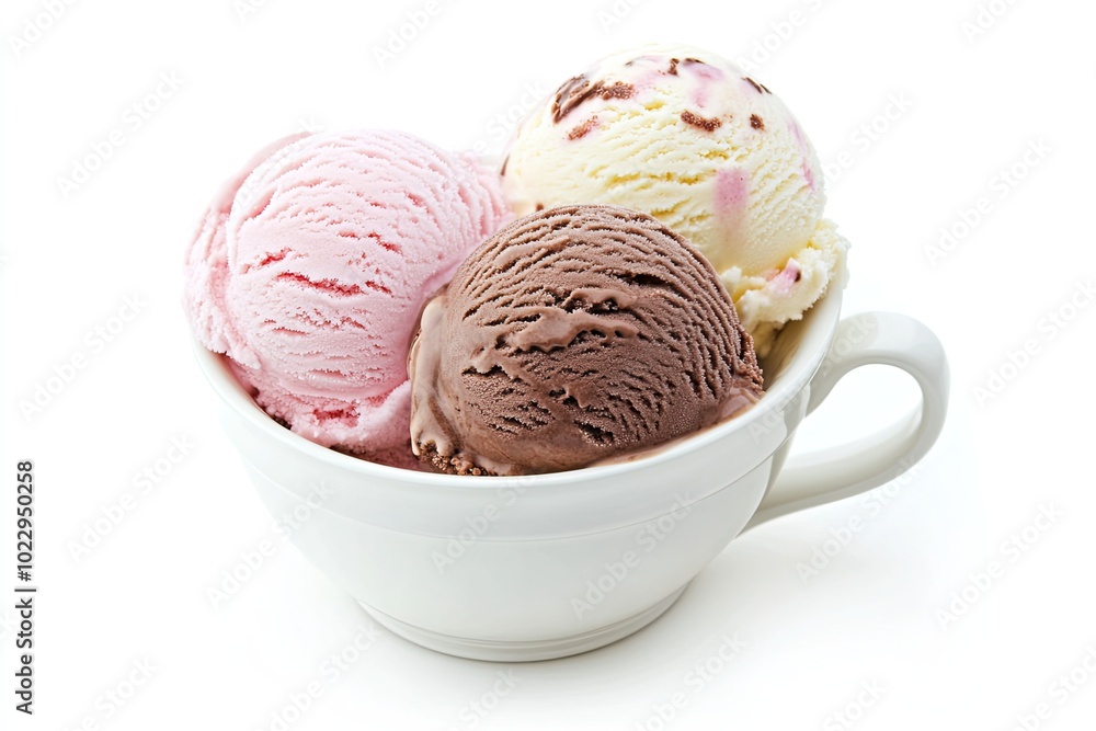 Three scoops of ice cream in a cup, food keywords on white background Three scoops of ice cream in a cup, food keywords on white background