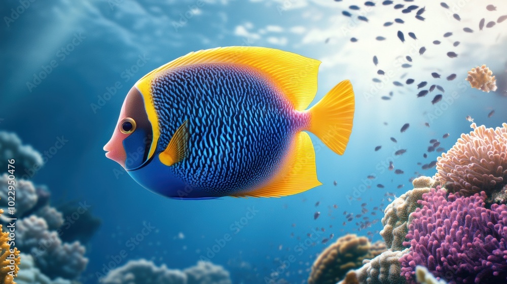 Vibrant Blue and Yellow Fish Swimming in Coral Reef Vibrant Blue and Yellow Fish Swimming in Coral Reef