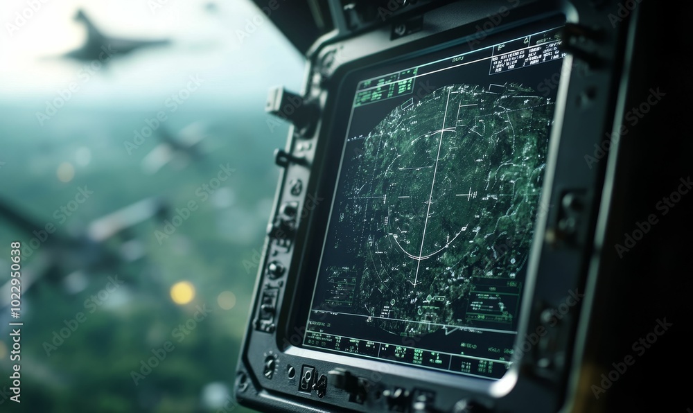 Aircraft cockpit with radar screen showing planes. Aircraft cockpit with radar screen showing planes.