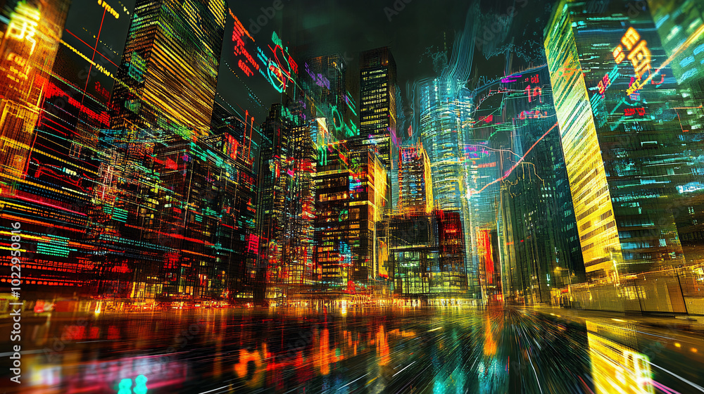 Fototapeta premium Futuristic Cityscape with Neon Lights and Digital Glitch Effect