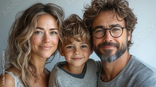 a joyful family portrait captures a father mother and son radiating happiness against a clean white background symbolizing love unity and the joy of togetherness