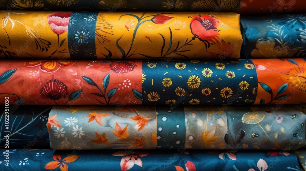 Vibrant rolls of patterned fabric stacked neatly, showcasing intricate floral designs and bold colors. Generative AI Vibrant rolls of patterned fabric stacked neatly, showcasing intricate floral designs and bold colors. Generative AI