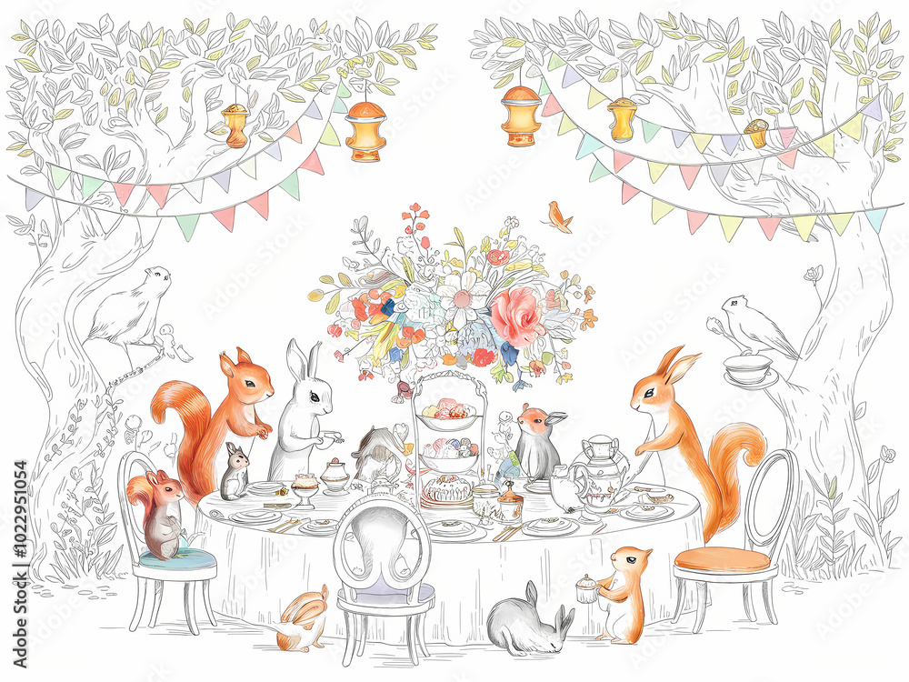 Fototapeta premium woodland animals tea party, whimsical illustration 