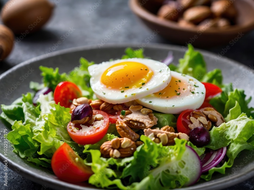 Delicious salad with chicken and nuts and egg and vegetables. Nutty chicken and egg blend with veggies