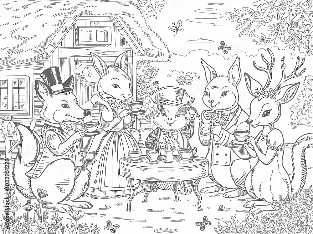 Obraz premium woodland animals tea party, whimsical illustration, black and white line drawing 