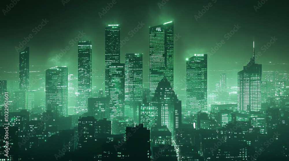 Green Cityscape Night Aerial View Green Cityscape Night Aerial View