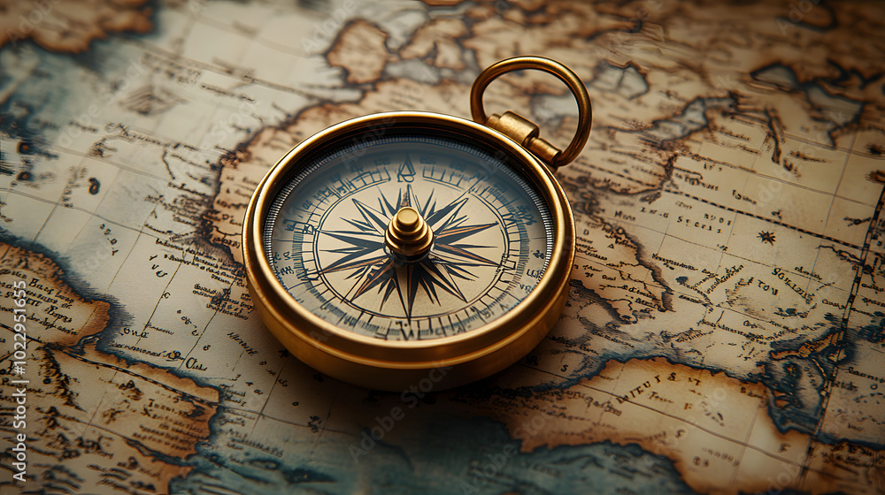 Antique Compass on Top of an Old Map Pointing Towards Unknown Lands, featuring a beautifully crafted compass made of brass with intricate details. The compass is placed on an aged map, showcasing vint Antique Compass on Top of an Old Map Pointing Towards Unknown Lands, featuring a beautifully crafted compass made of brass with intricate details. The compass is placed on an aged map, showcasing vint