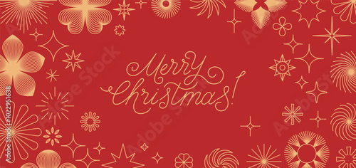 Vector greeting card with stars and sparkles in line style  - merry christmas hand-lettering with line shapes and forms, horizontal banner and background, happy holidays, happy new year