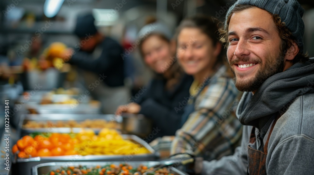 Obraz premium Thanksgiving and Harvest Festival. A group of friends volunteering at a local soup kitchen, their actions reflecting the spirit of giving and helping others during Thanksgiving.