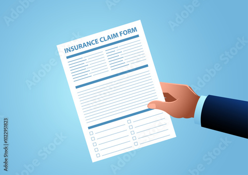 Hand presenting an insurance claim form. Ideal for use in insurance related content,  promoting services such as health, auto, or home insurance