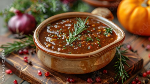 Thanksgiving and Harvest Festival. A detailed image of a gravy boat brimming with rich, savory gravy, its aroma filling the air and anticipating the perfect accompaniment to a Thanksgiving feast