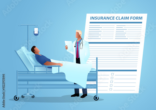 Vector illustration showing a doctor attending to a patient, with an insurance claim form in the background. Ideal for projects related to healthcare services, medical insurance, and patient care
