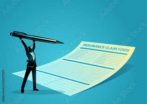 Businessman holding a giant pen to fill out an insurance claim form