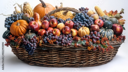 Thanksgiving and Harvest Festival. rustic basket overflowing with bountiful harvest of autumnal fruits and vegetables, including pumpkins, gourds, apples, pears, and corn husks